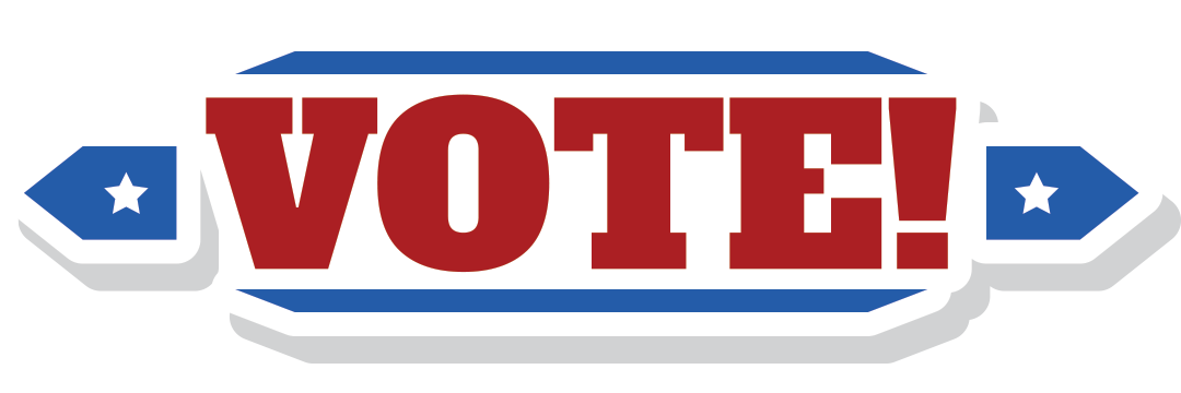 White background with blue shapes and the word vote in red letters